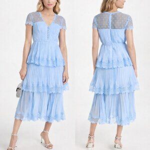 Self-Portrait Baby Blue Tiered Lace Midi Dress US 6 Chiffon Ruffle EUC
